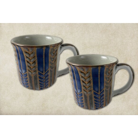 2 Vintage Handmade Blue & Brown Ceramic Mugs With Textured Wheat Pattern BOHO - Picture 2 of 4